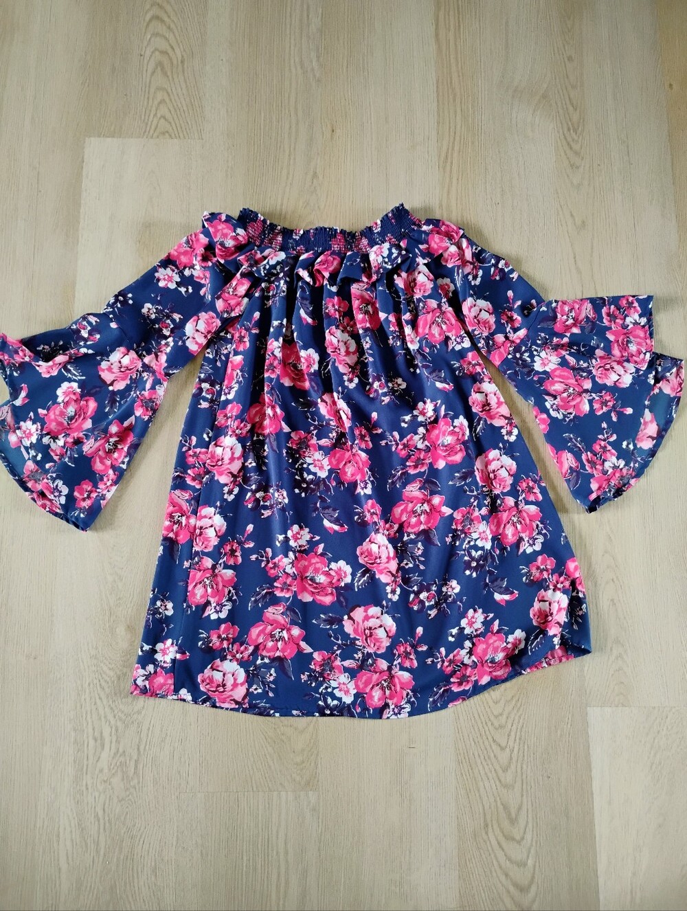 Altar'd State Navy Floral Off-Shoulder Dress with Pink Roses